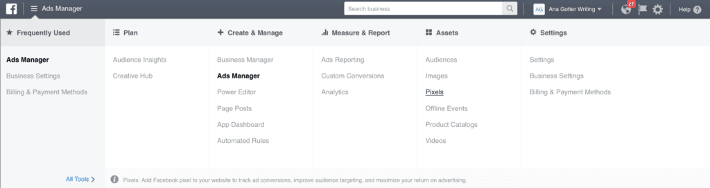 Facebook's business manager showing the "Ads Manager" highlighted 