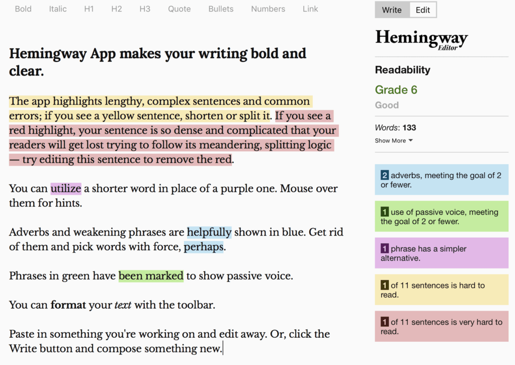 Hemingway tool screenshot