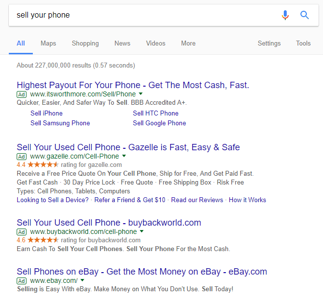 sell your phone google adwords example screenshot
