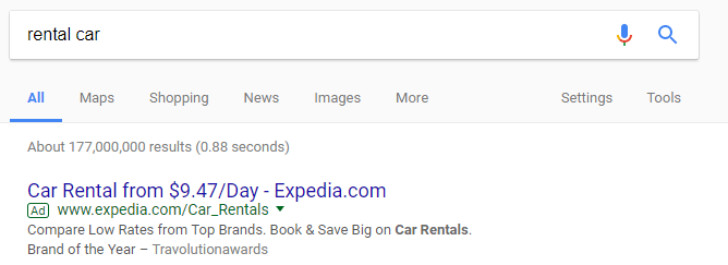 rental car google adwords screenshot example