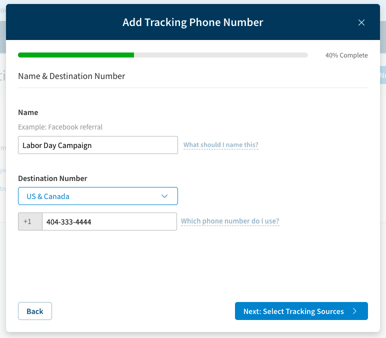 adding a tracking phone number example screenshot on callrail