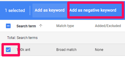 negative keywords option in adwords