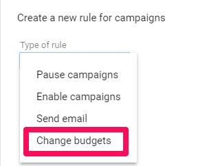 selecting budgets as rule type