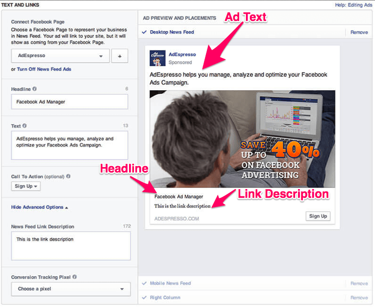 Link in description. Facebook ad example. Advanced Facebook ads. Facebook text. Ad text.