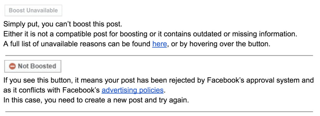 facebook ads boost unavailable