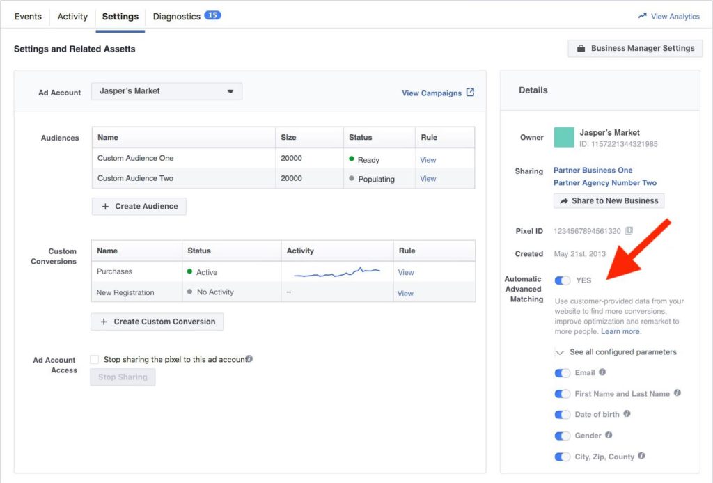 Facebook Ads dashboard showing how to set up advanced matching 