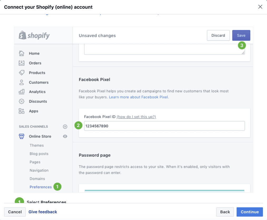 Shopify dashboard to set up Facebook pixel 