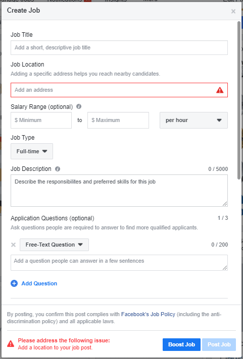 Facebook job post form