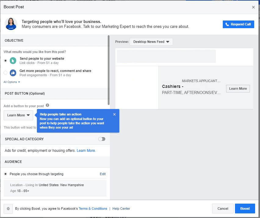 Facebook boost post screen