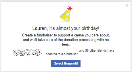 Facebook birthday fundraiser prompt