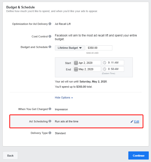 Edit Facebook Ad Schedule