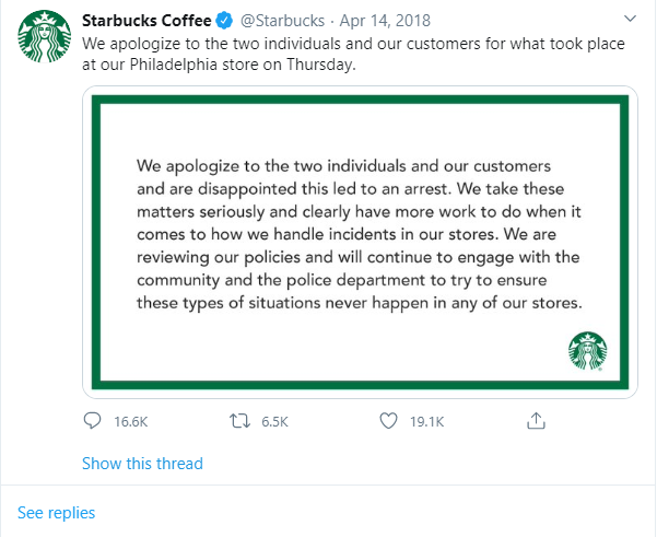 Starbucks apology eg.