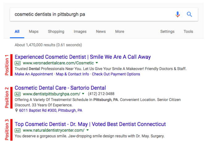 Google search ads positioning example 