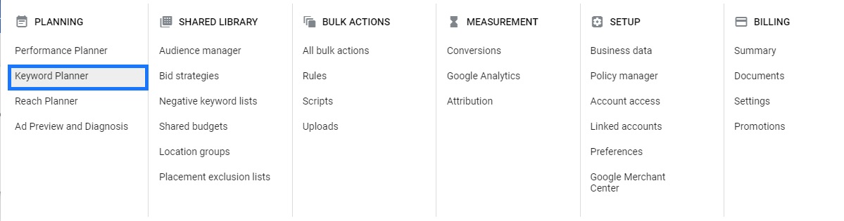 Google Ads menu keyword planner