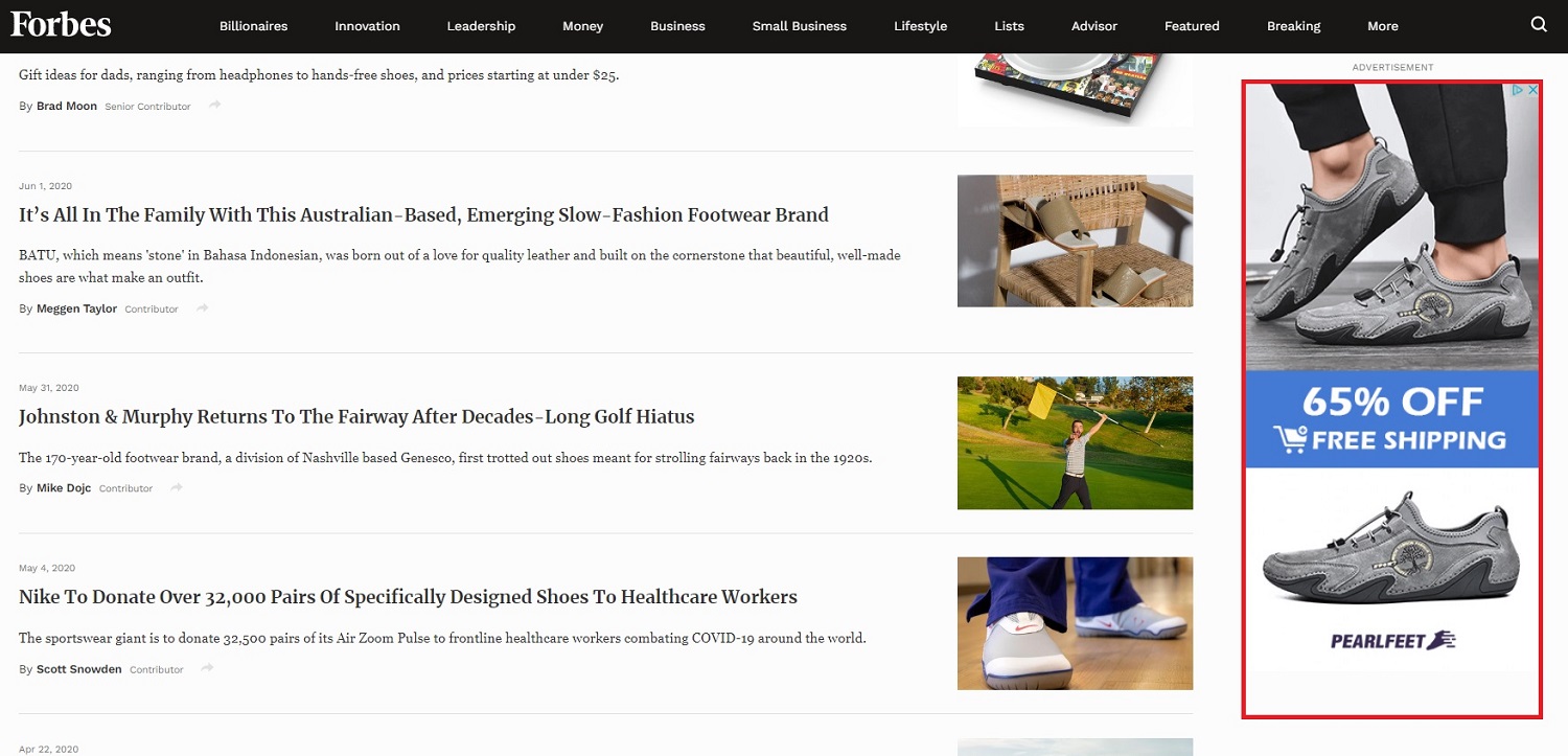 Pearlfeet banner ad on Forbes page 