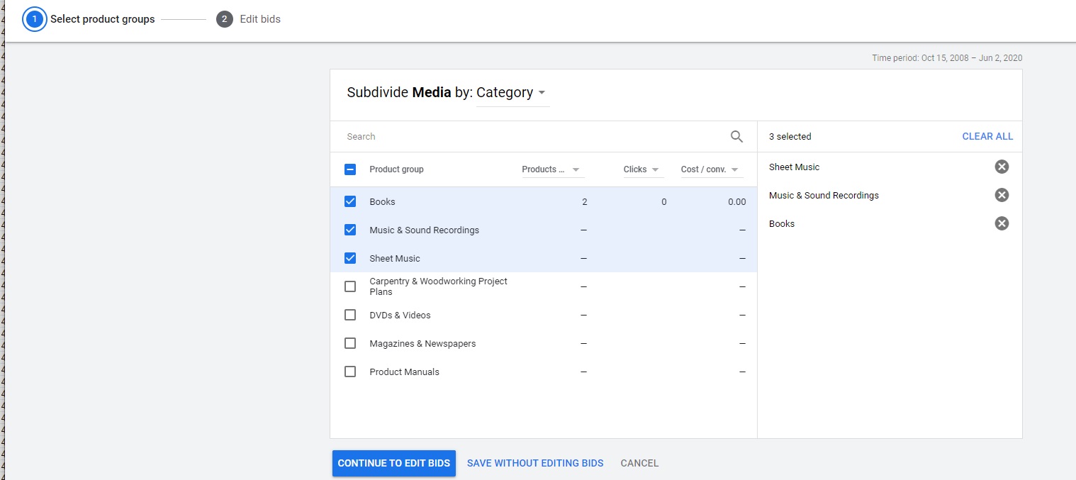 subdividing categories into sub categories 