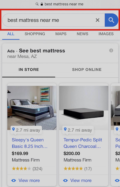 Google search results for "best mattress near me"