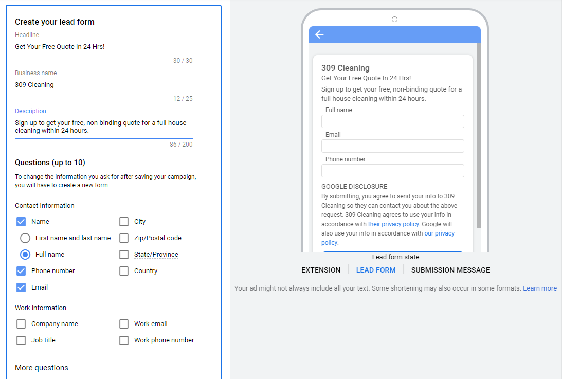 Lead form extension lead form