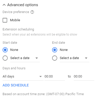 Google Ads sitelinks advanced options