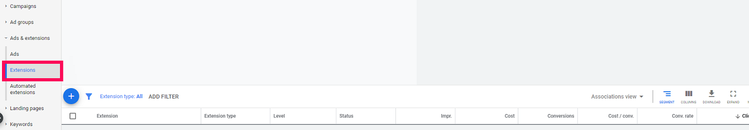 Google Ads extensions tab