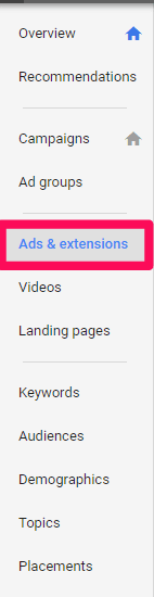 Google Ads menu ads & extensions