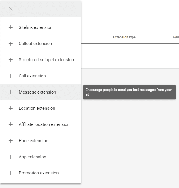 Google Ads new message extension