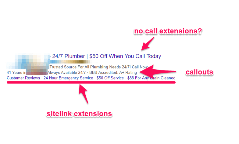 Google search ad with bad extensions usage
