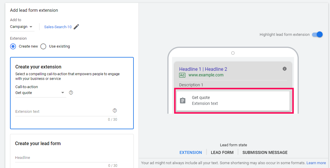 Lead form extension