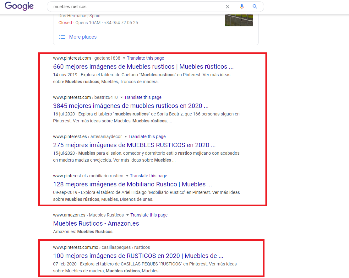 Google SERPs muebles rusticos