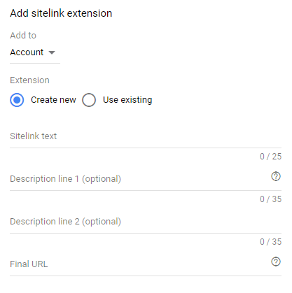 Google Ads add new sitelink extension