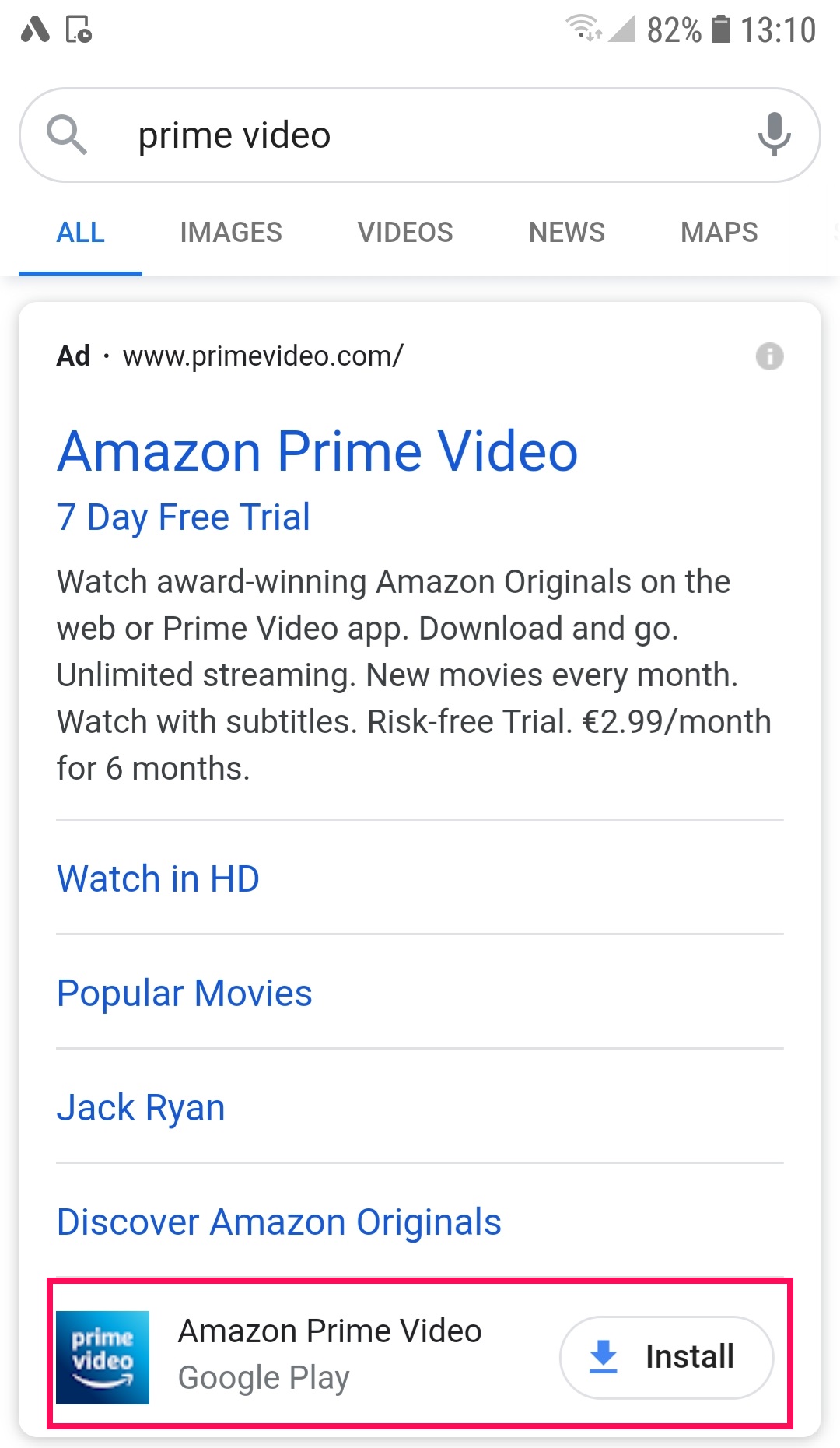 Google Ads app extension in Prime Video ad