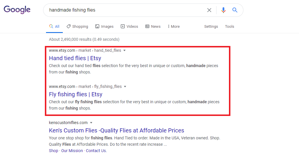 Google SERPs Handmade Fishing Flies