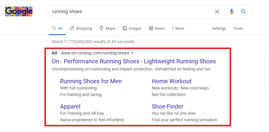 Running shoes Google Paid search ad example