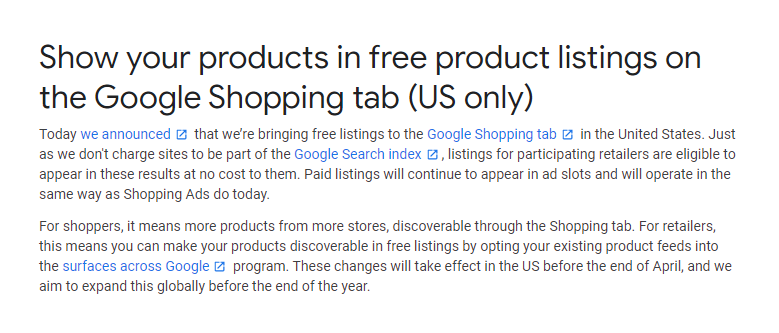 Free Google Shopping product listings