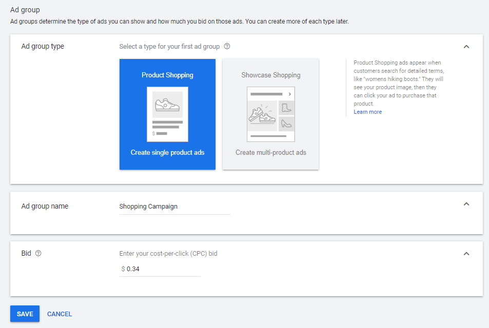 New Google Shopping ad group