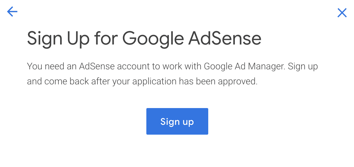 Sign up screen for Google Ad Manager