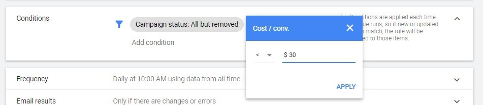 Google Ads new rule condition