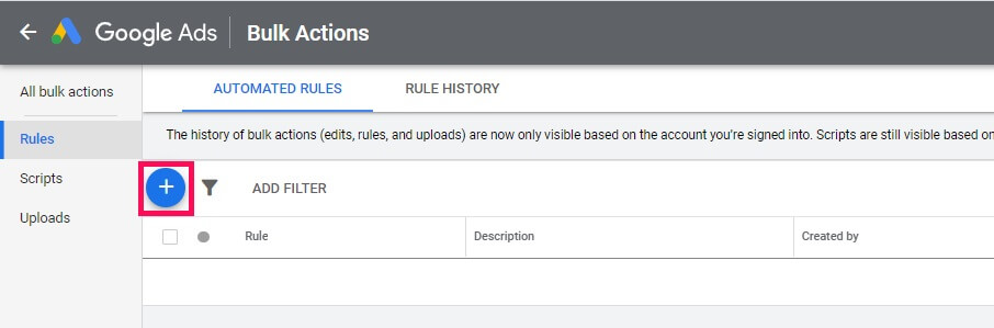 Google Ads new rule button