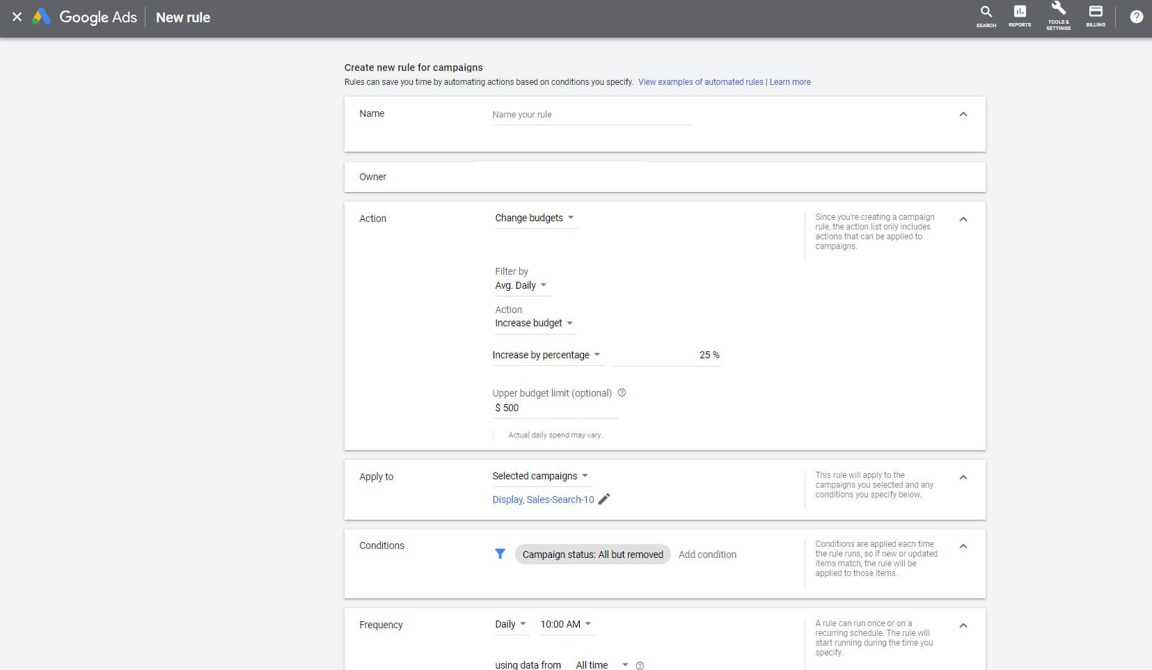 Google Ads Create new rule