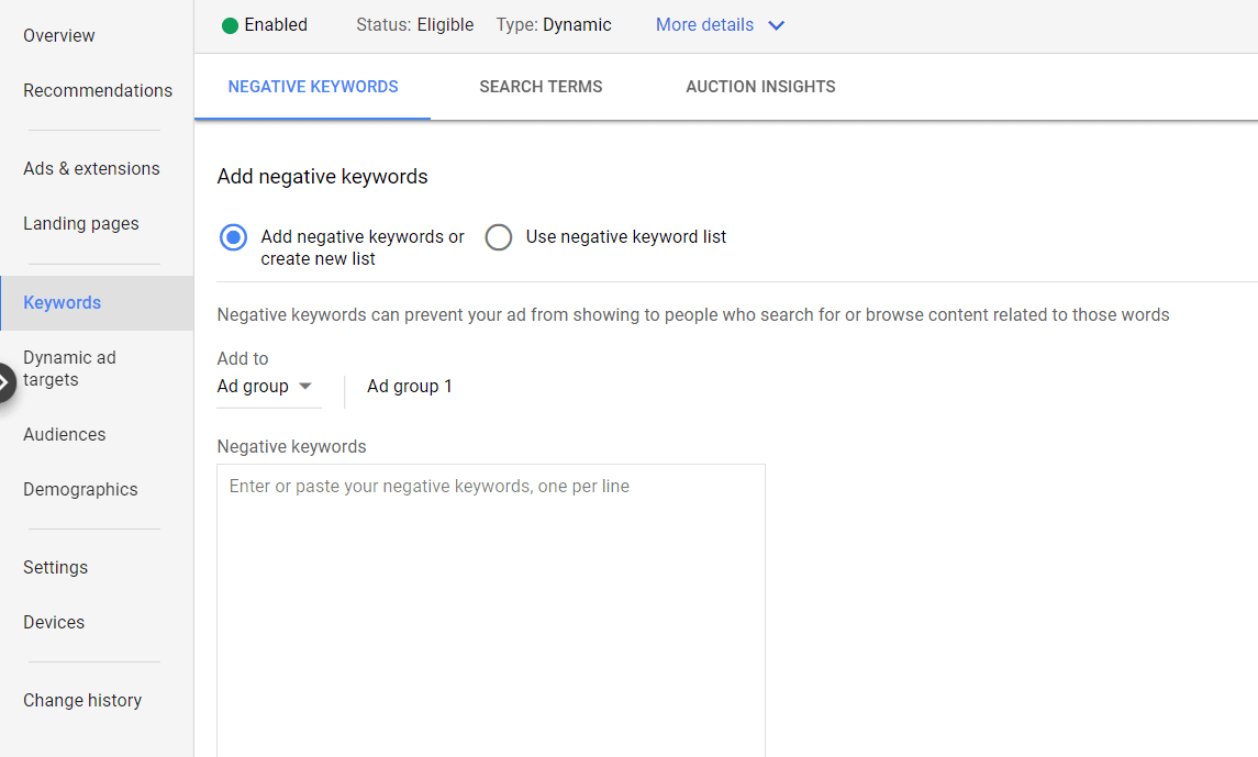 Negative keywords in a Google Ad campaign