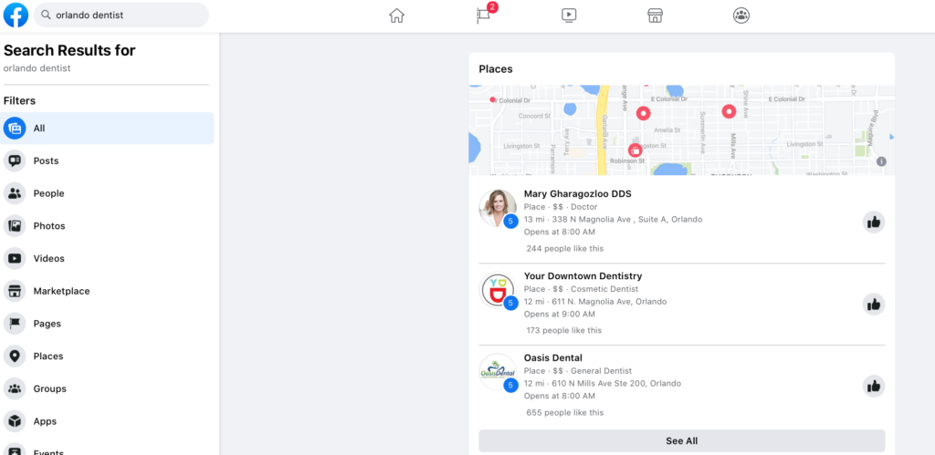 Facebook search results for "Orlando dentist" 