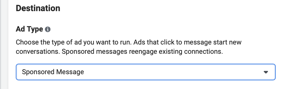 Ad creation process selecting "sponsored message" 