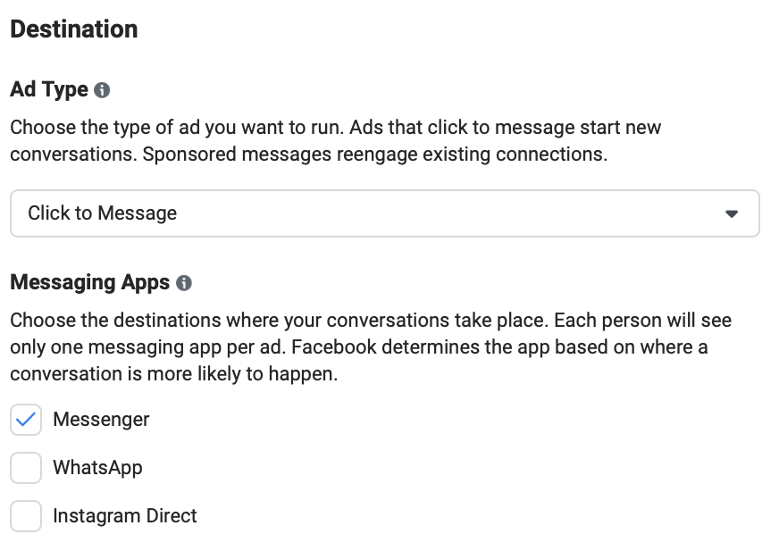 The ad set creation process for Messenger Ads 