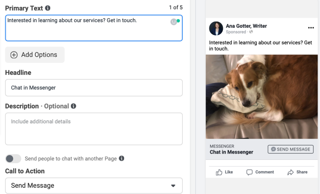 Preview of Facebook Messenger ad in ads manager