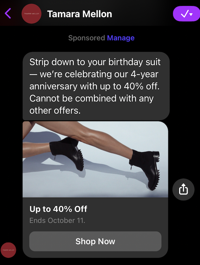 Facebook messenger ad from Tamara Mellon 