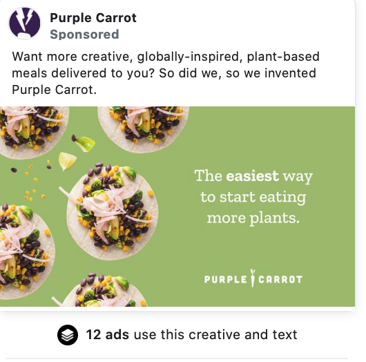 Purple Carrot Facebook Ad showing a separate set of ad copy 