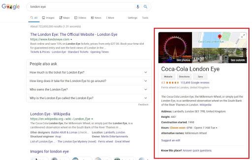 Knowledge panel in organic Google search results on desktop