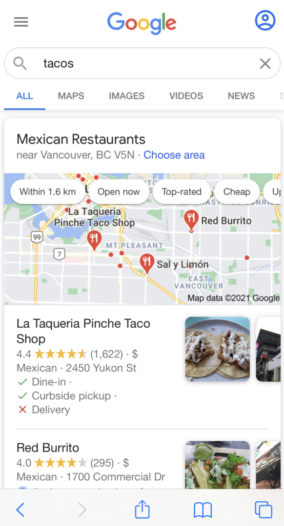 Google My Business listing in search results