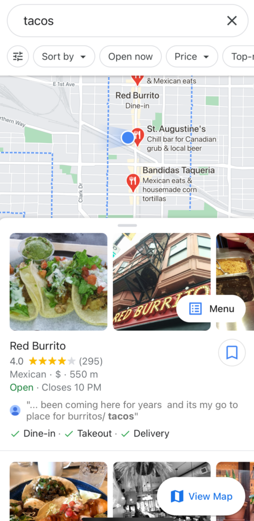 GMB listing in mobile search results in Google Maps