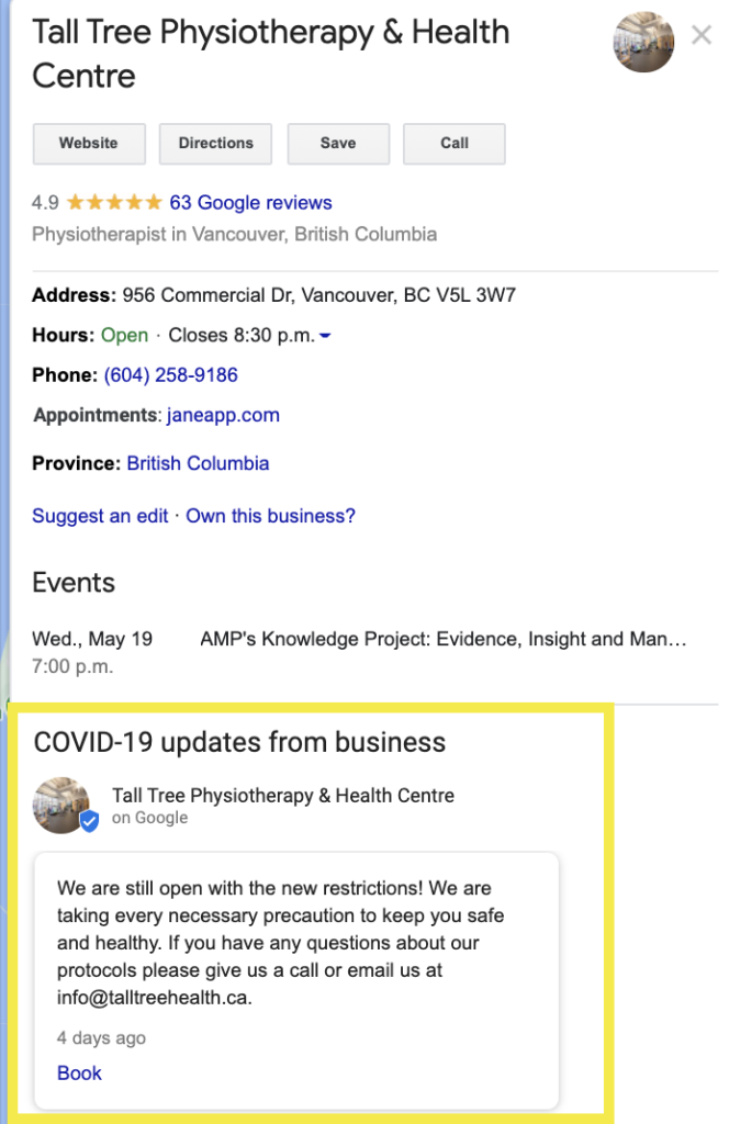 Google My Business listing with update post